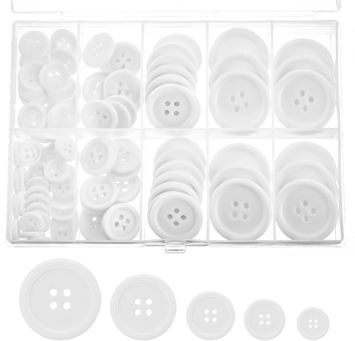 TRANKIELO® - 100 Stuks Hars Naaiknoppen Set – Witte Knopen in 5 Maten – Inclusief Opbergdoos – Voor Naaien en Doe-Het-Zelf Projecten – 4-Gaats – Ronde Vorm