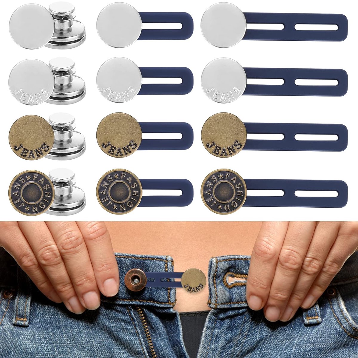 TRANKIELO® - 12 Pack Broek en Shirt Knopen Extender Set – Flexibele Taille en Kraag Verlengstukken voor Mannen en Vrouwen – Geen Naai Metalen en Siliconen Knopen voor Jeans en Jurk Shirts