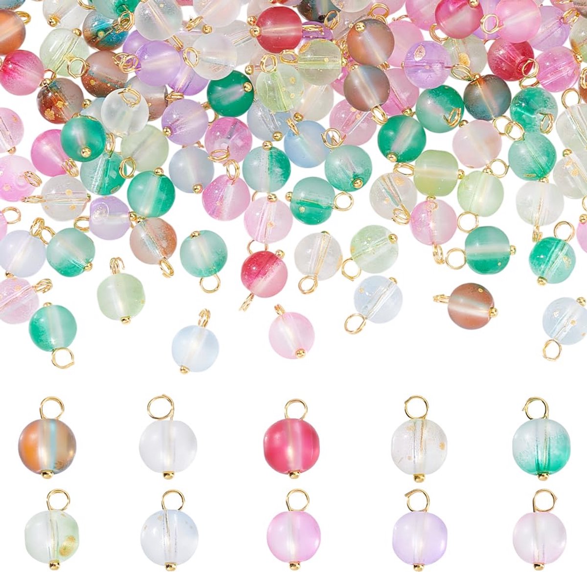 TRANKIELO® - 200 Glazen Hangers 10 Kleuren – Ronde Connectoren voor Sieraden Maken – Geschilderde   met Messing Lussen