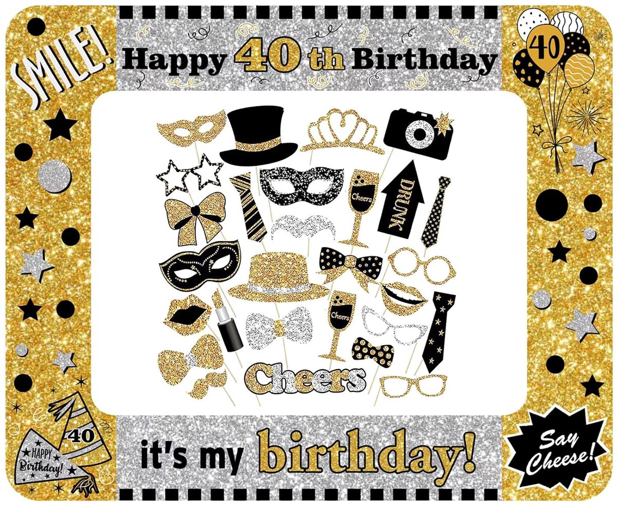 TRANKIELO® - 40ste Verjaardag Feestpakket – Zwart Goud Opblaasbare Fotolijst & 31 Stuks Foto Props – Feestaccessoires – Ideaal cadeau voor Mannen en Vrouwen