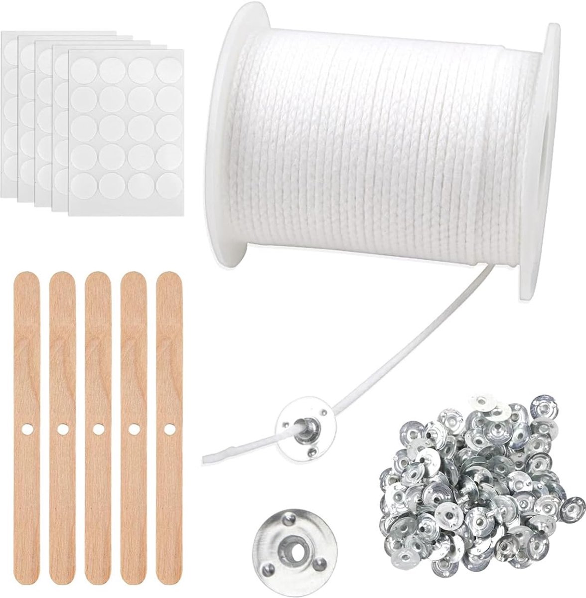 TRANKIELO® - 6100 cm katoenen kaarslonten – Dikke lonten met metalen basisstickers – Ideaal voor DIY kaarsen maken