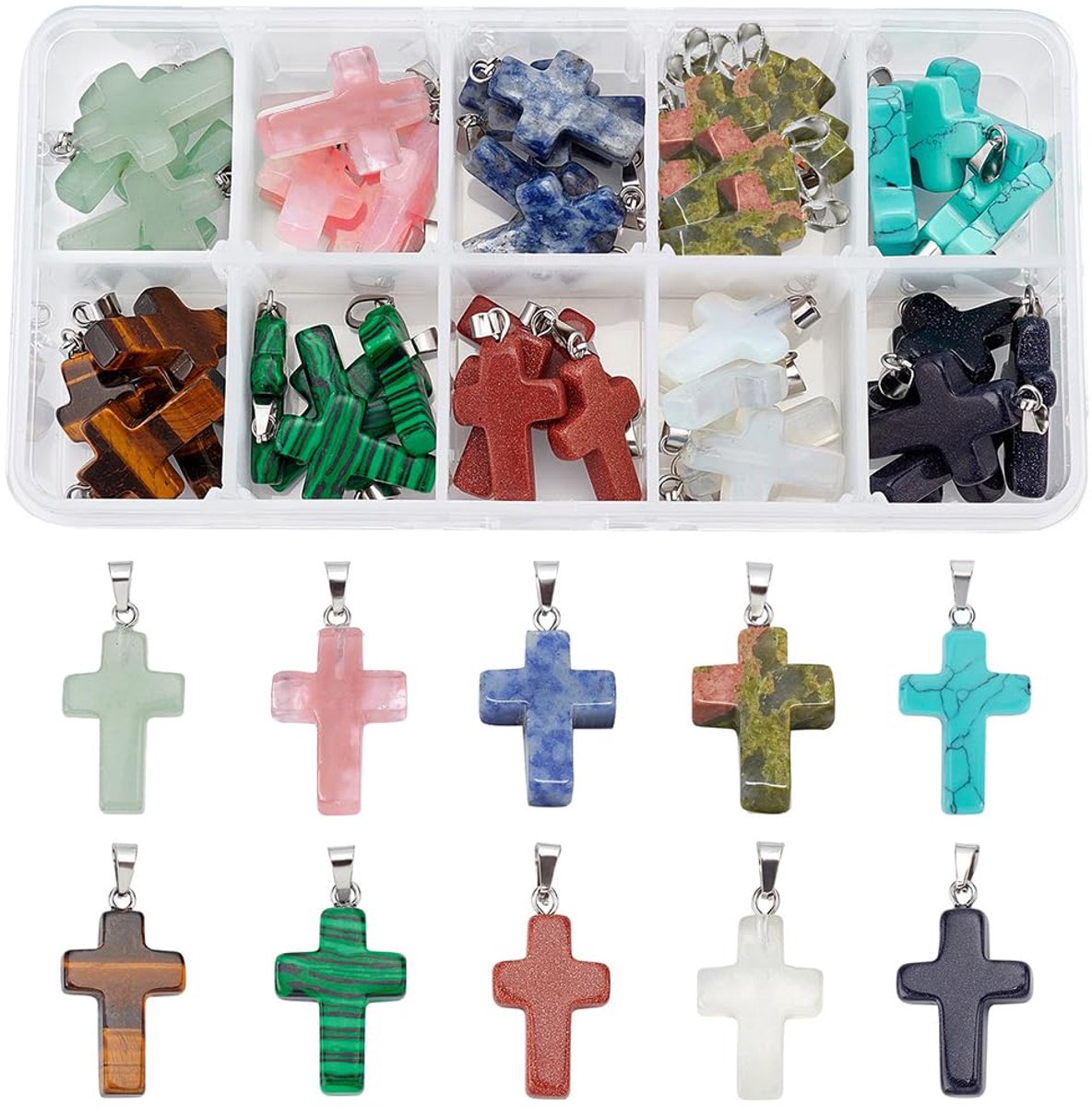 TRANKIELO® - Chakra Edelsteen Hangers voor Sieraden Maken – Kruisvormige Quartz Charm – 50 Stuks in 10 Kleuren