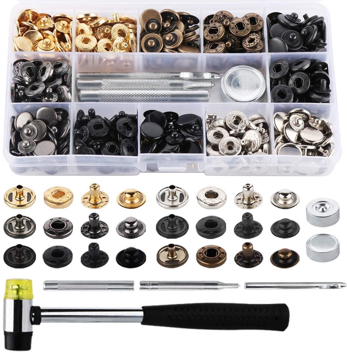 TRANKIELO® - Complete Drukknopen Kit – 120 Sets Kwaliteits Metalen Drukknopen – Multifunctioneel voor Kleding en Ambachtelijke Reparaties – Inclusief Punch Tang en Bevestigingsgereedschap