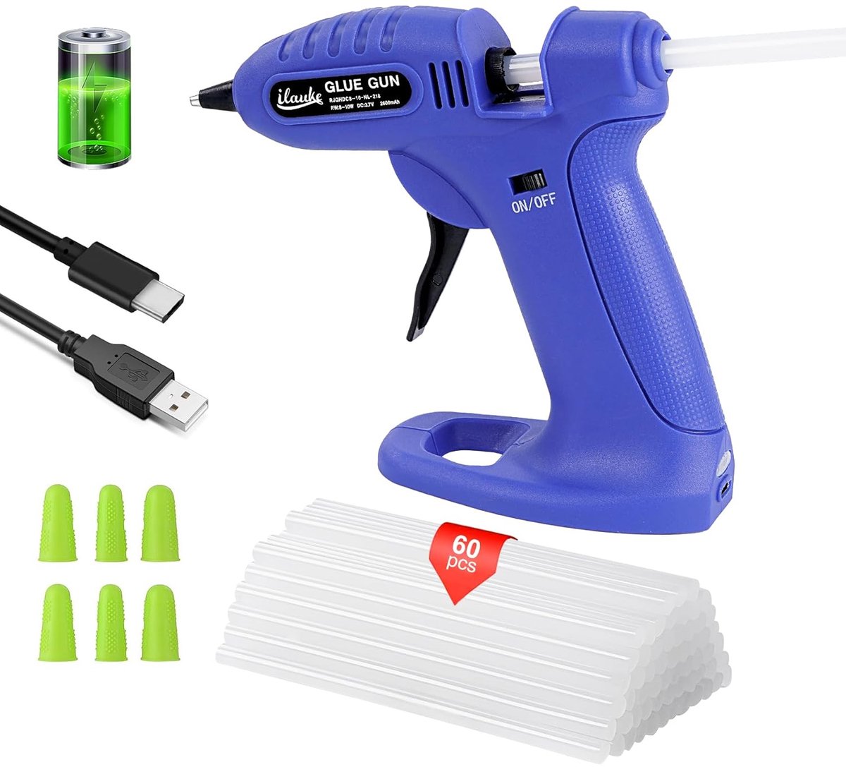 TRANKIELO® - Draadloos Lijmpistool met 60 Lijmsticks en 6 Siliconen Vingerhulzen – Snelle Voorverwarming – Bestand tegen Hoge Temperaturen – Veilig en Makkelijk in Gebruik