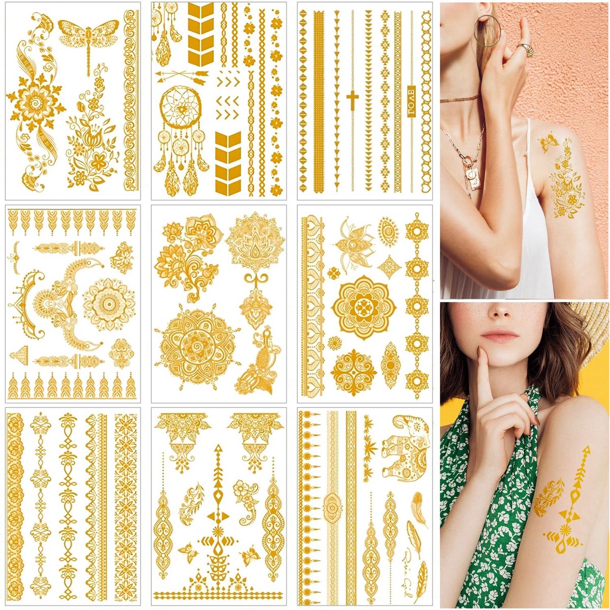 TRANKIELO® - Glitter Gouden Tijdelijke Tattoos – 9 Vellen – Duurzaam en Waterbestendig – Festival en Feest Accessoire voor Volwassenen, Dames, en Meisjes