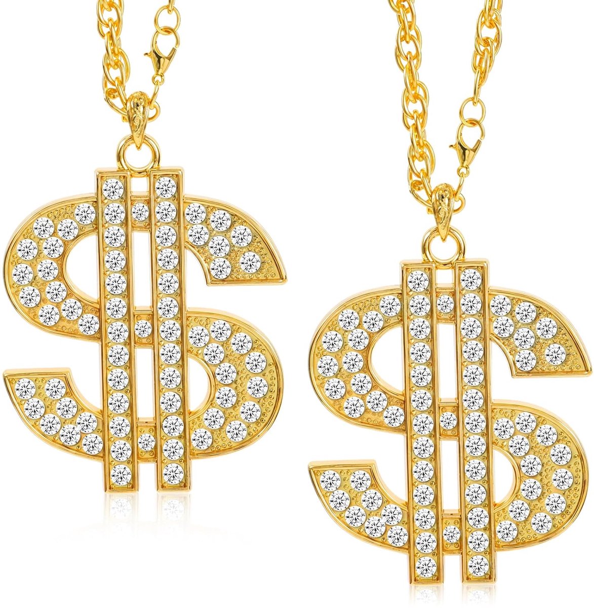 TRANKIELO® - Gouden dollar teken kettingset - 2 stuks roestvrij staal - Hip hop stijl - Strass sieraden voor vrouwen