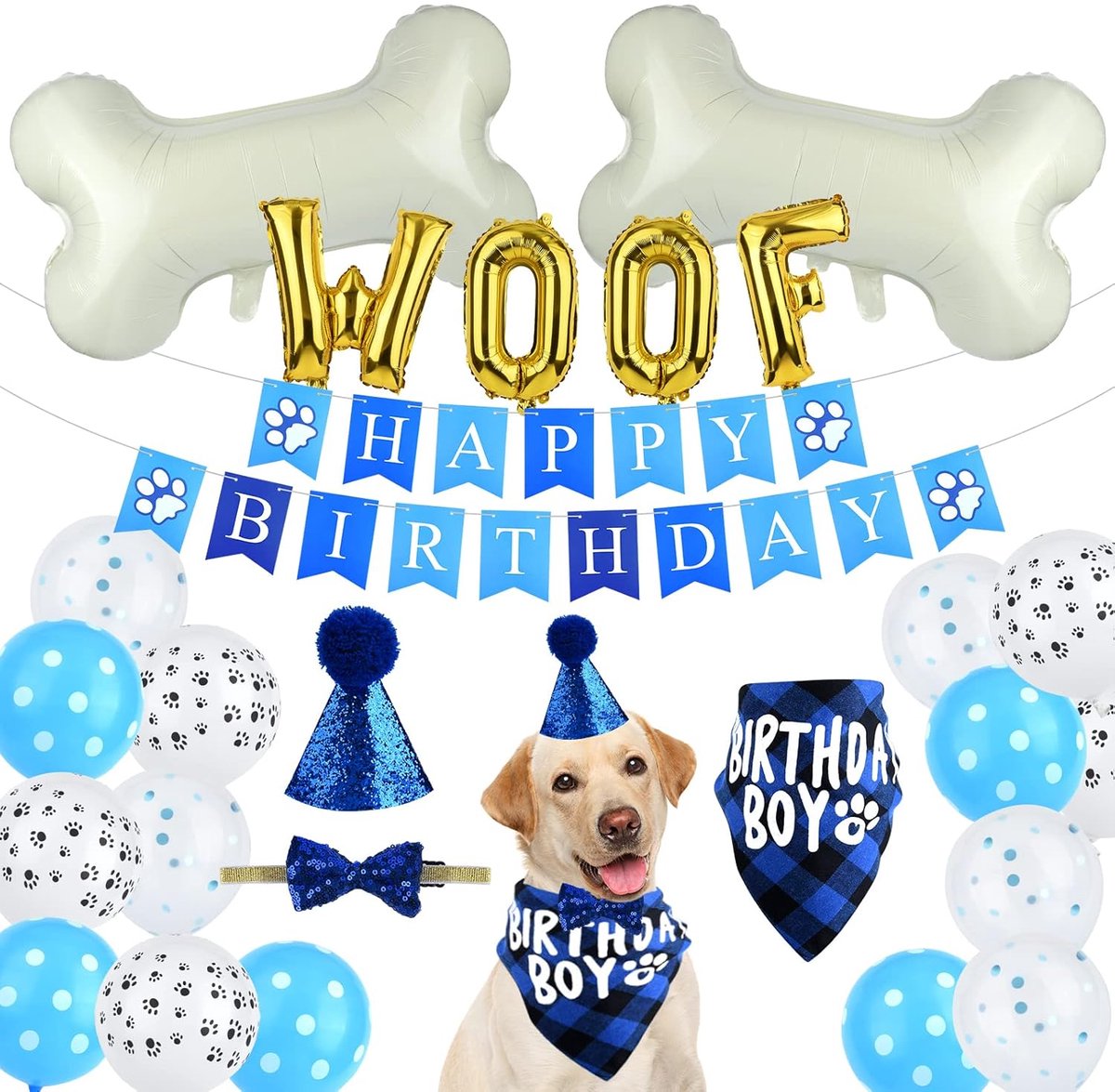 TRANKIELO® - Hond Verjaardagsfeest Set – Blauwe Bandana, Hoed en Versieringen met Bot Ballonnen en Puppy Verjaardagsbanner