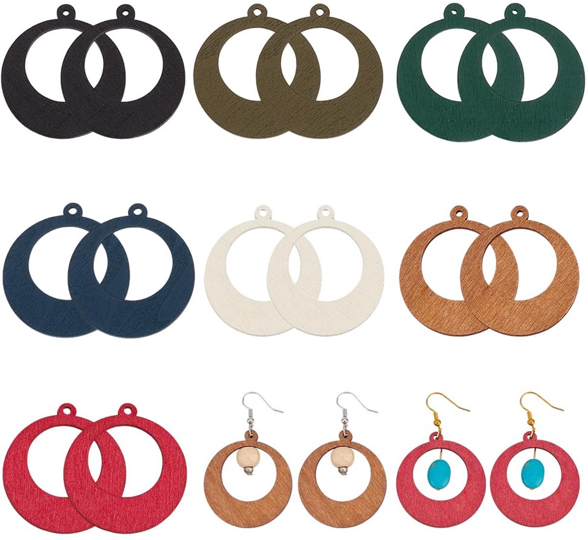 TRANKIELO® - Natuurlijke Houten Hanger Bedels - 70 Stuks, 7 Kleuren, Ronde Oorbel Bedels voor DIY Sieraden en Ambachten