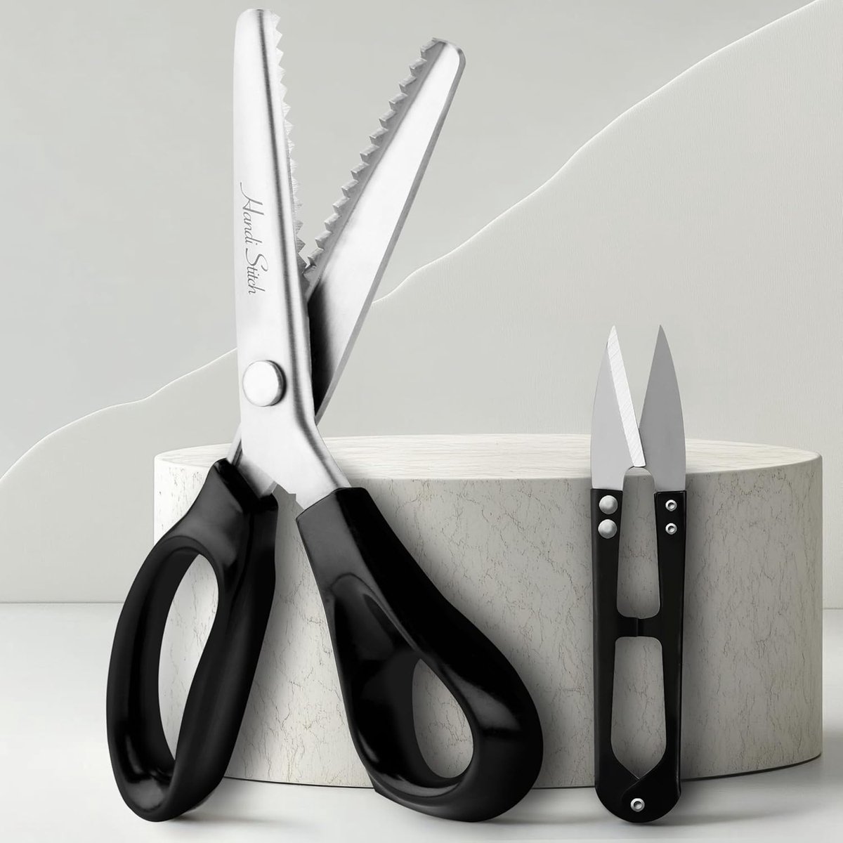 TRANKIELO® - Professionele Kartelschaar en U-Vorm Knipper Set – 22,86cm Lengte – Zwart Rubberen Handvat – Vlijmscherp Roestvrij Staal – Ideaal voor Naaien, Kleermaken, Papier en Hobby