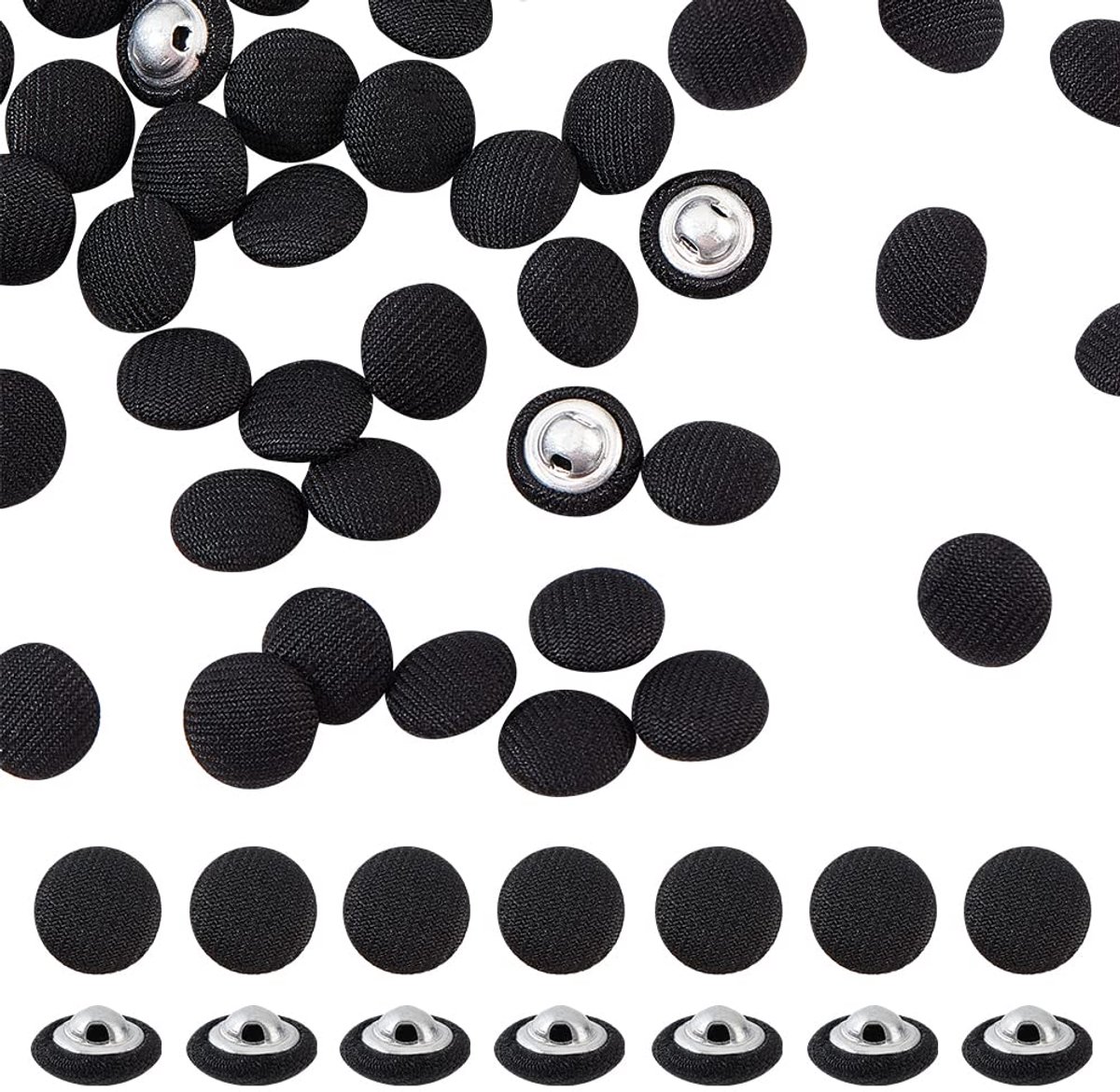 TRANKIELO® - Set van 100 Stof Beklede Knopen - 10mm Zwarte Metalen Knopen - Knutselbenodigdheden voor naai- en DIY-projecten