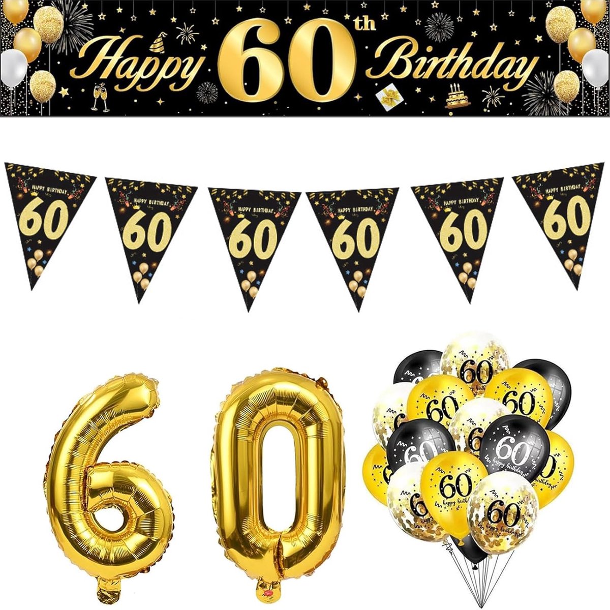 TRANKIELO® – 60e Verjaardagsversiering Set – Blauw Gouden Feestdecoratie – Ballonnen en Banner voor 60 Jaar Viering