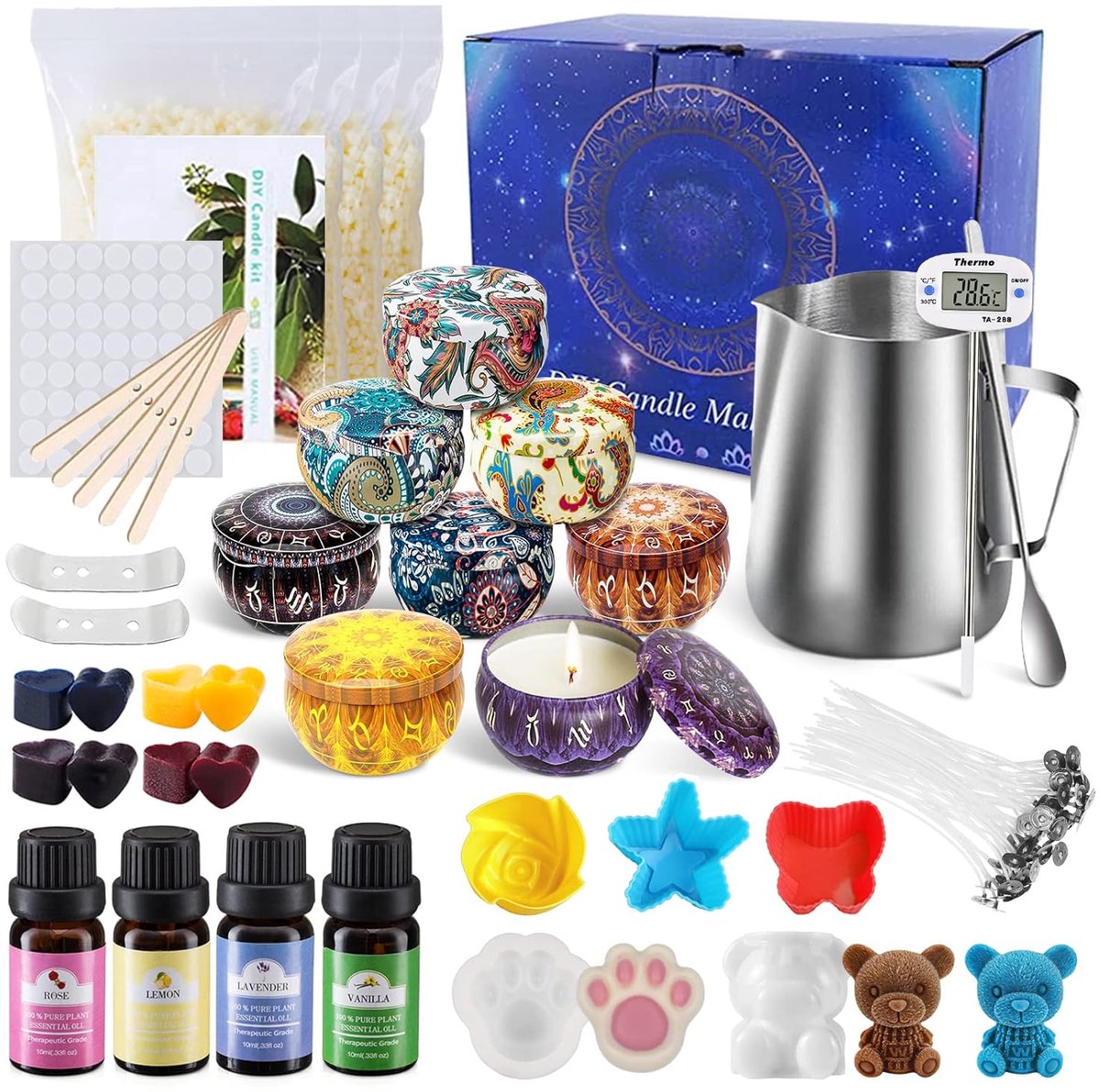 TRANKIELO® – Doe-Het-Zelf Kaarsenmaakset voor Aromatische Kaarsen - Bevat 8 Kaarsenpotten en 80 Waslonten – Ideaal voor Beginners