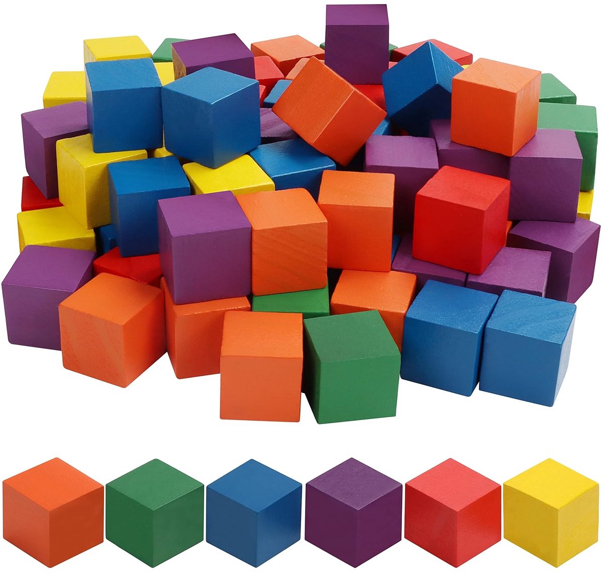 TRANKIELO® – Gekleurde Houten Blokken Set (100 stuks) – 2,5 x 2,5 cm – Natuurlijke Vierkante Kubussen in 6 Kleuren – Geschikt voor DIY Projecten, Puzzels, Educatief Speelgoed & Cadeaus