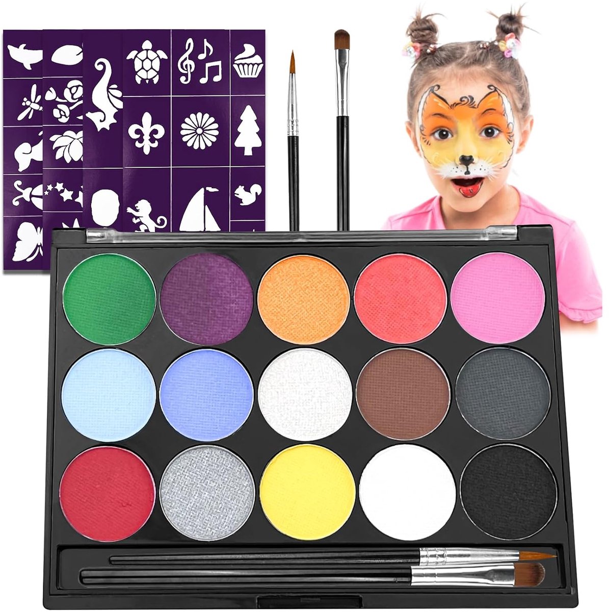 TRANKIELO® – Kinderschminkset – Bodypainting Kleurenset – Gezichtsverf en Lichaamsverf – Inclusief Kwasten en Sjablonen – Wasbare Kindermake-up