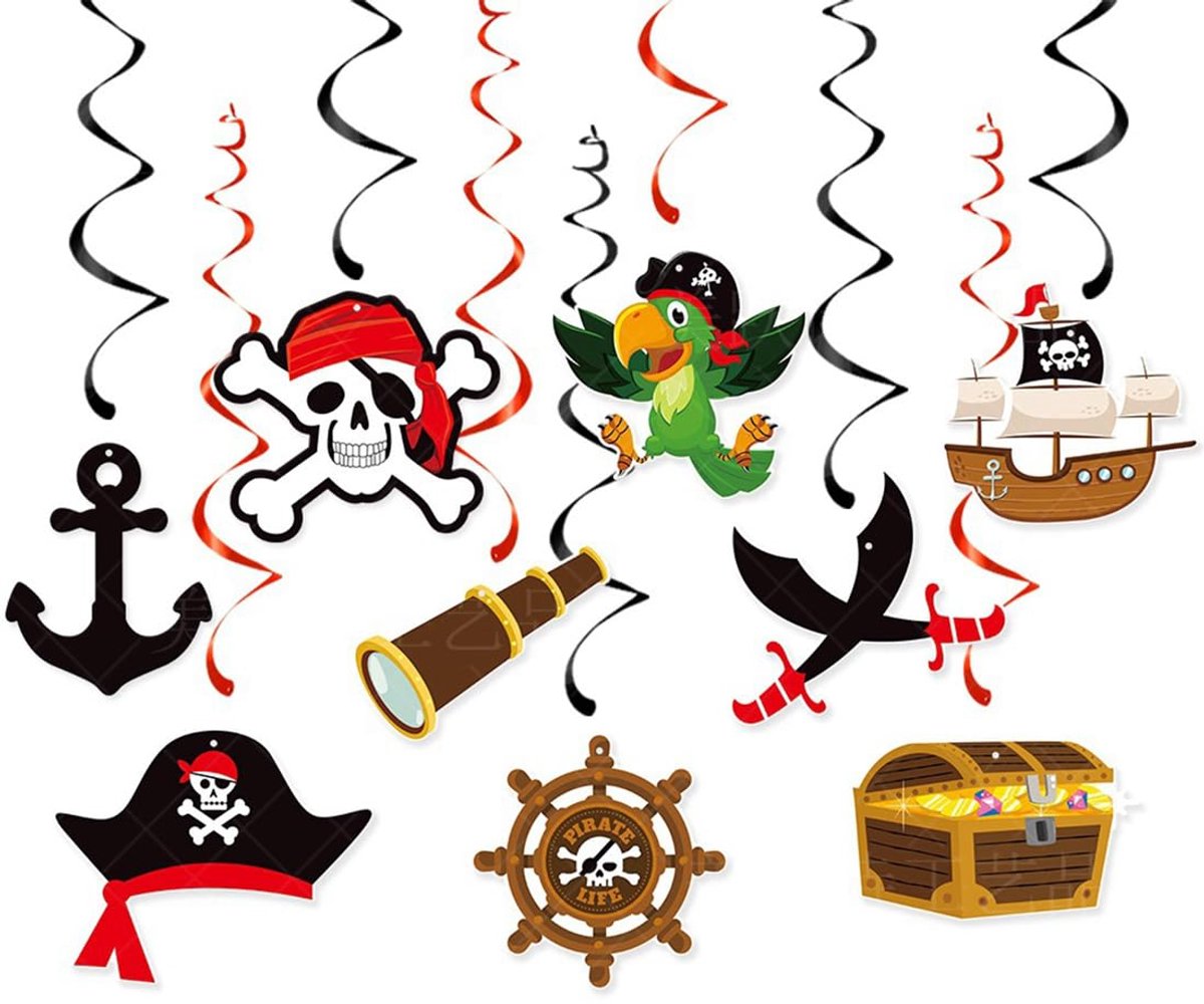 TRANKIELO® – Premium Piraat Themafeest Decoraties – Hangende Spiraalversiering met Kapiteinshoed, Schedel, Schat, Papegaai – Voor Verjaardag en Themafeest