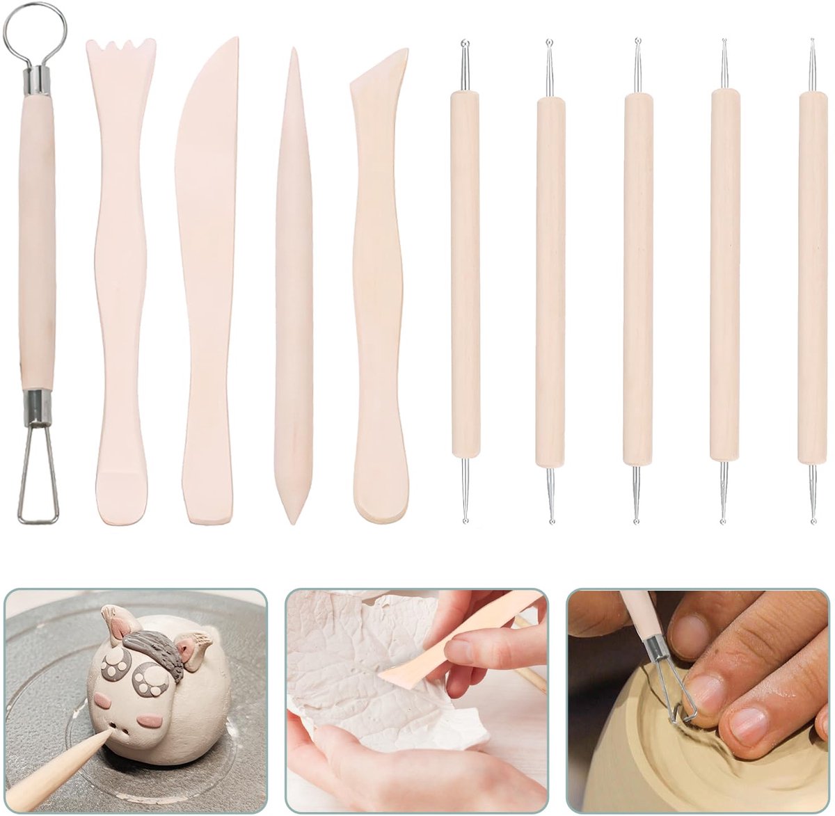 TRANKIELO® – Set van 10 Professionele Houten Polymeerklei Gereedschappen – Beeldhouwen, Modelleren, Vormen, Snijden en Stippen – Duurzaam Hout en Metaal – Voor Aardewerk, Ambacht en Kunstprojecten