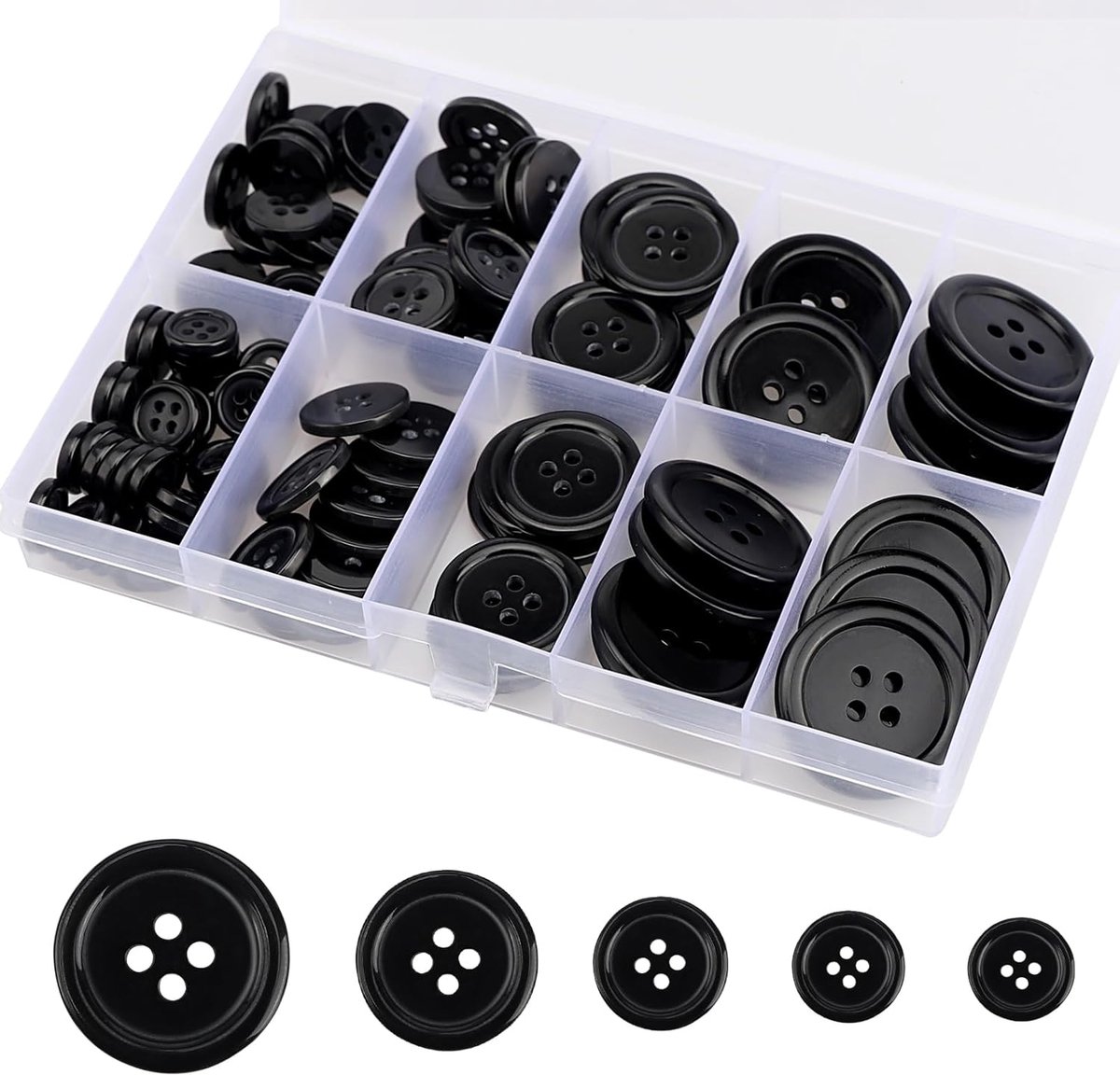 TRANKIELO® – Set van 100 kunststof knopen – Vieroogig - Zwart – Ideaal voor naaiprojecten en doe-het-zelf kledingdecoraties
