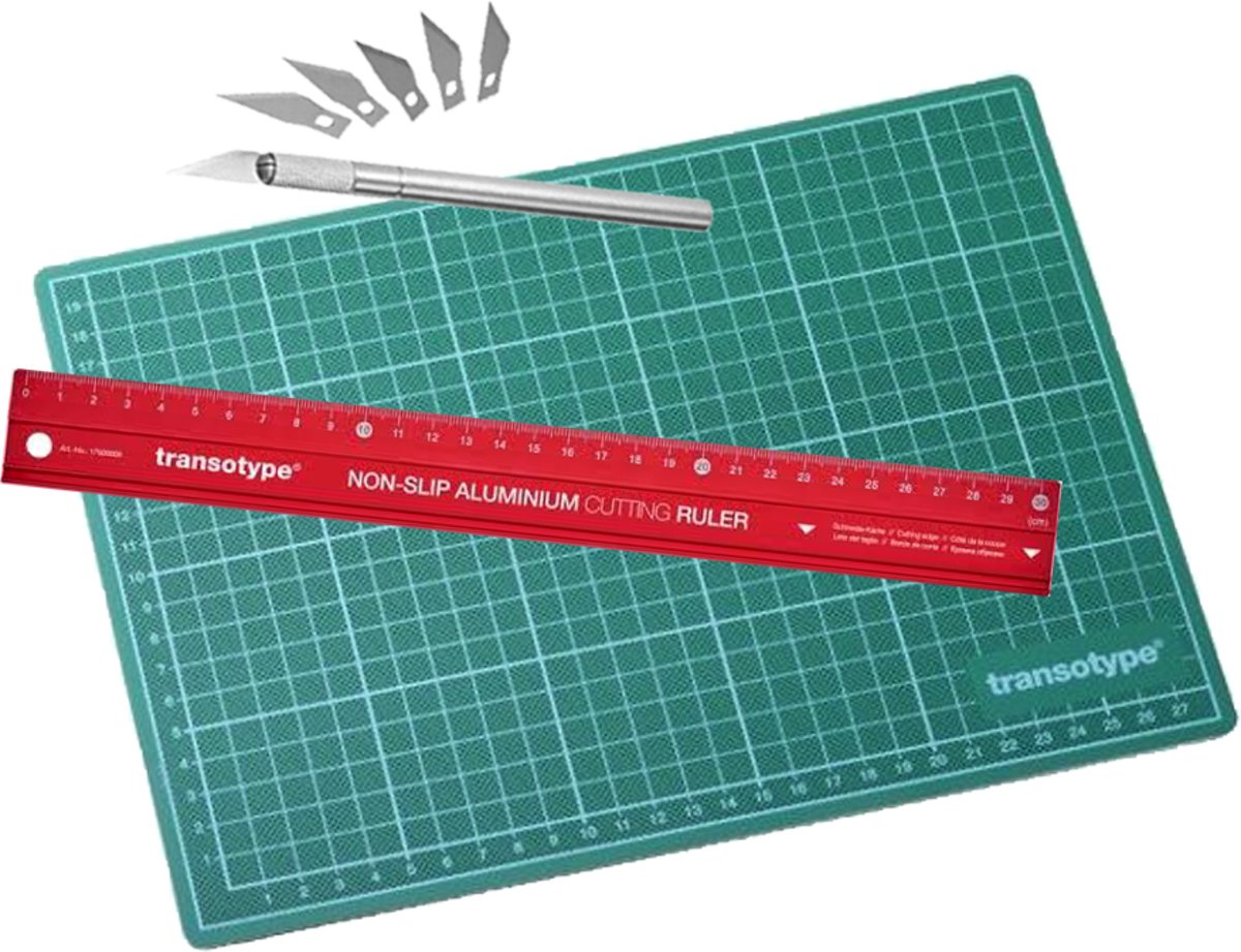 Transotype Snijset - A4 snijmat - 30cm liniaal - Hobbymes met 5 vervangbare mesjes