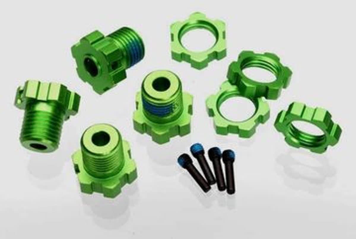 Wheel hubs, splined, 17mm (green-anodized) (4)/ wheel nuts,