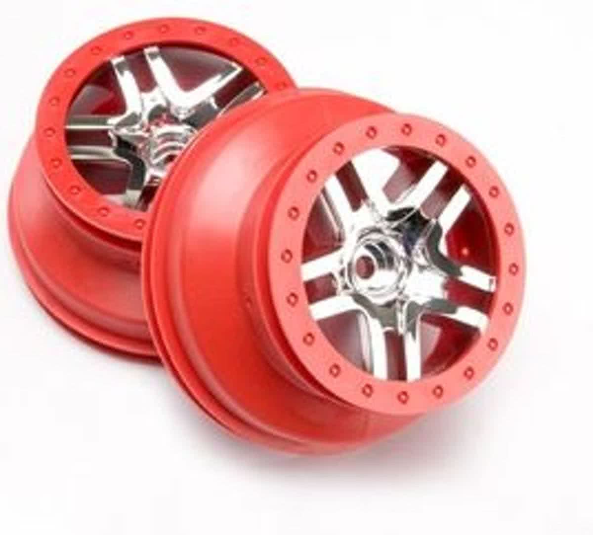 Wheels, SCT Split-Spoke, chrome, red beadlock style, dual pr