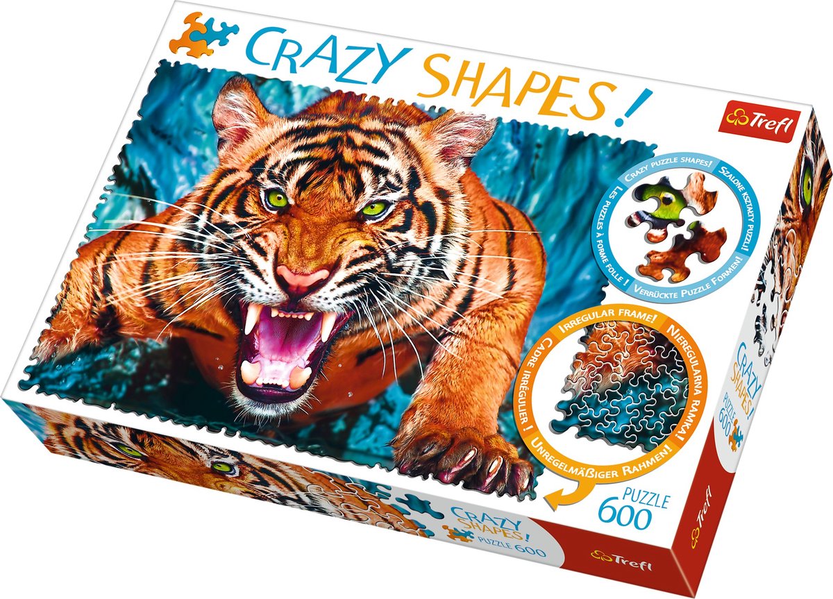 Trefl 600 Piece Crazy Shape Jigsaw Puzzle Facing a Tiger