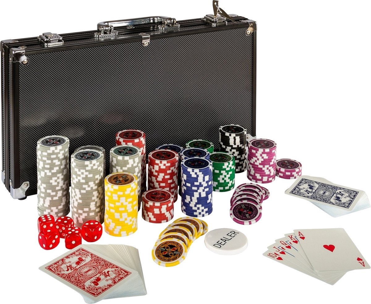 Poker - Pokerset - Poker set - Poker chips - Poker fiches - Poker kaarten - Poker koffer - Pokerkaarten - Inclusief koffer - 300 chips - 39.5 x 21 x 6.5 cm - Zwart