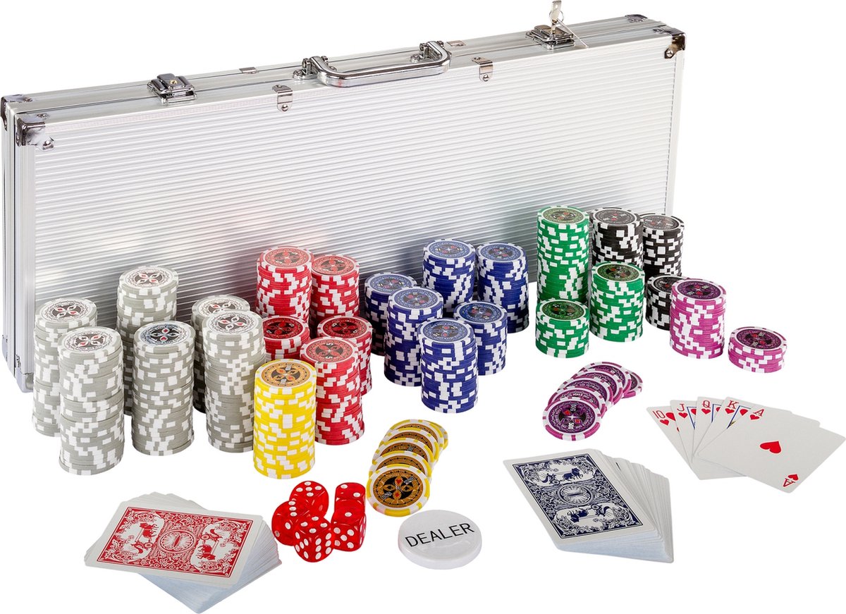 Poker - Pokerset - Poker set - Poker chips - Poker fiches - Poker kaarten - Poker koffer - Pokerkaarten - Inclusief koffer - 500 chips - 57.5 x 21 x 6.5 cm - Zilver