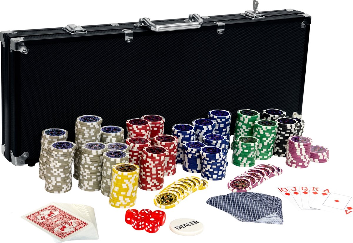 Poker - Pokerset - Poker set - Poker chips - Poker fiches - Poker kaarten - Poker koffer - Pokerkaarten - Inclusief koffer - 500 chips - 57.5 x 21 x 6.5 cm - Zwart