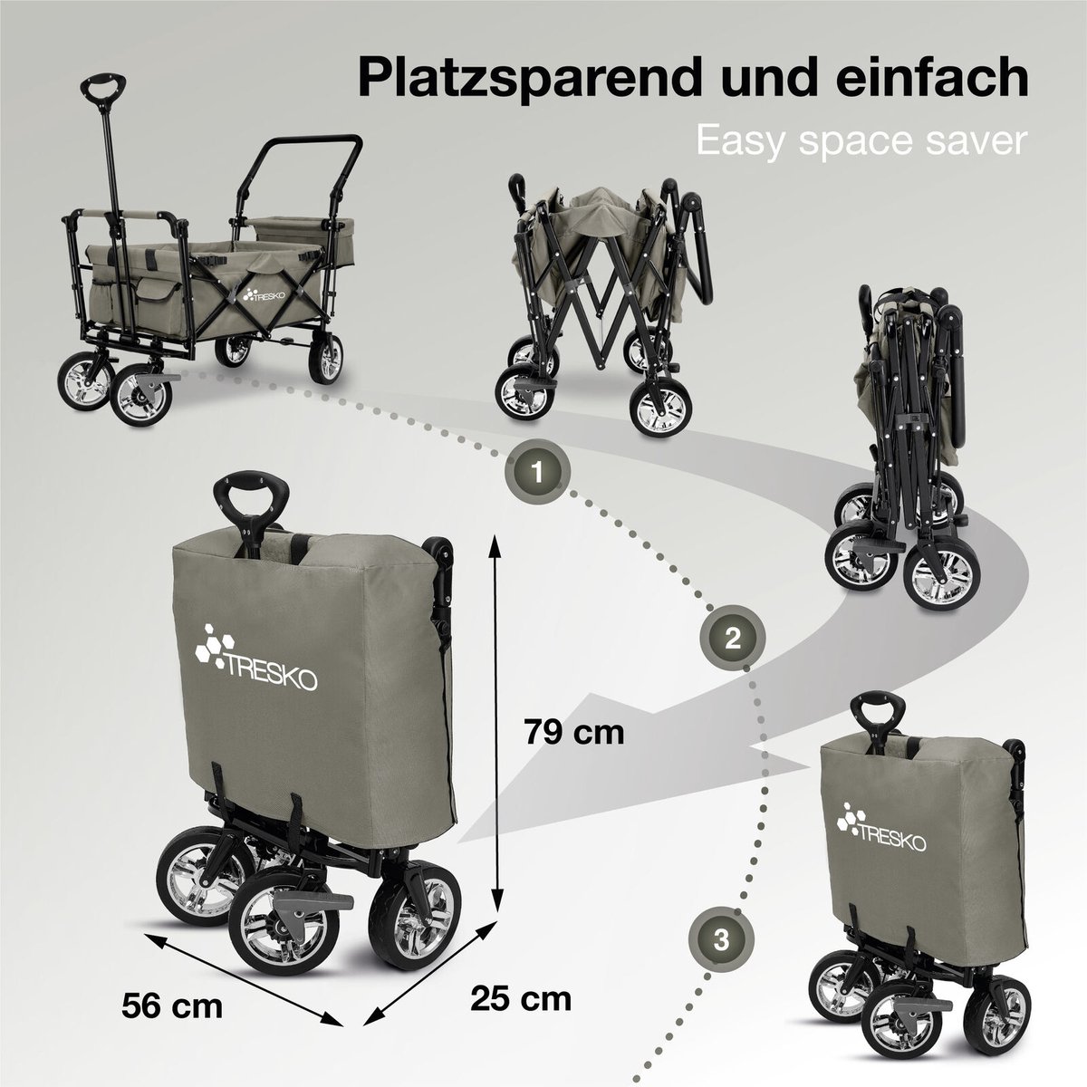 Tresko- Bolderkar, Grijs, vouwbaar, met dakje, geschikt tot 80 kg