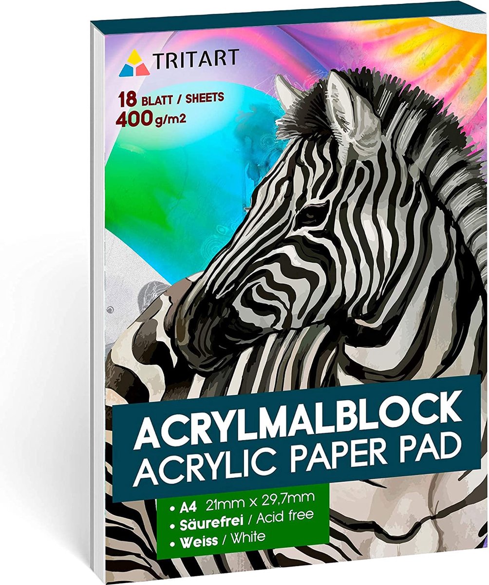 Tritart Acrylpapier A4 400 g/m² I Schilderspons voor acrylverf 18 vellen Wit I Hoogwaardig Acryl Tekenpapier Zuurvrij I Zwaar schilderpapier voor acrylschilderen en olieverven I Aan de bovenzijde gelijmd