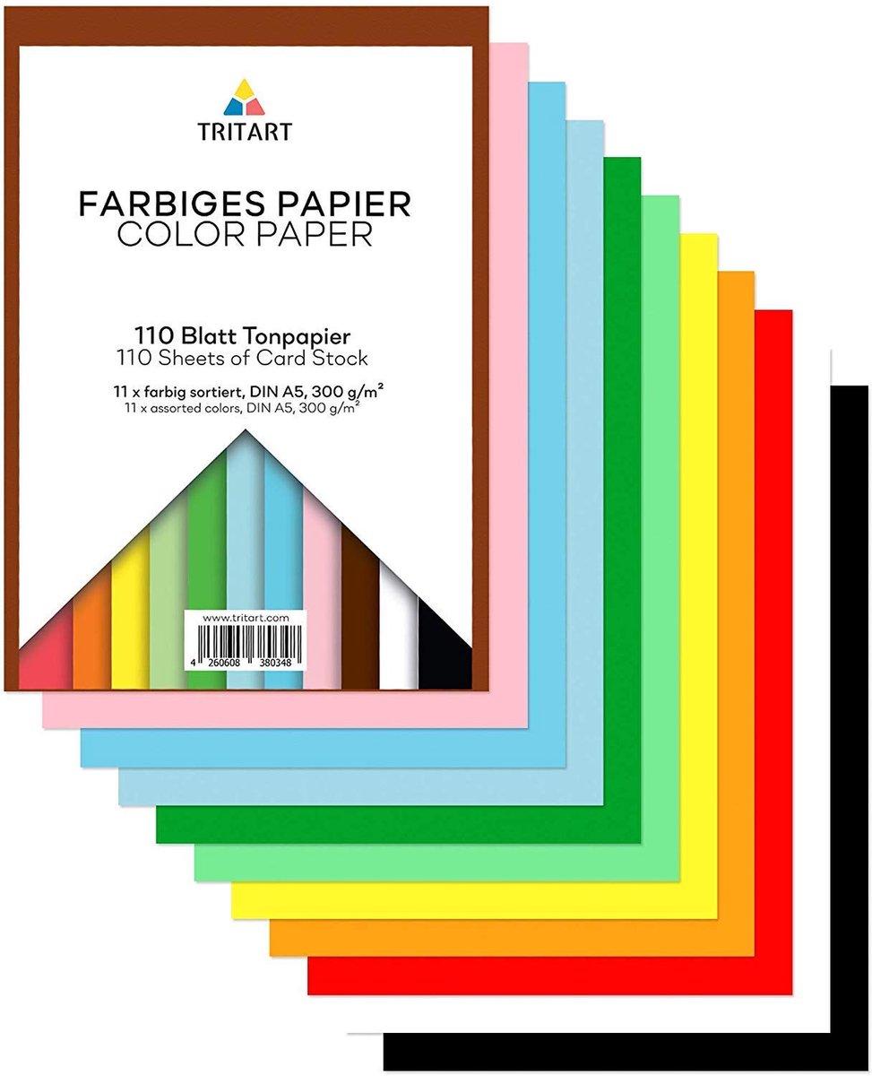 Tritart gekleurd karton A5 300 g/m² - 110 vellen A5 papier - Volledig gekleurd tekenpapier om te knutselen - Karton in 11 kleuren - Knutselkarton