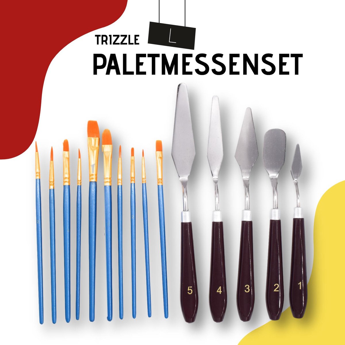 Trizzle L Paletmessen Set – Paletmes – Schilderen – Bob Ross – Penseel – Kwastenset – Verfkwast – Kwasten en Penselen – Schildersmes – Starter Pakket - Fan Brush - Acrylverf - Penselenset