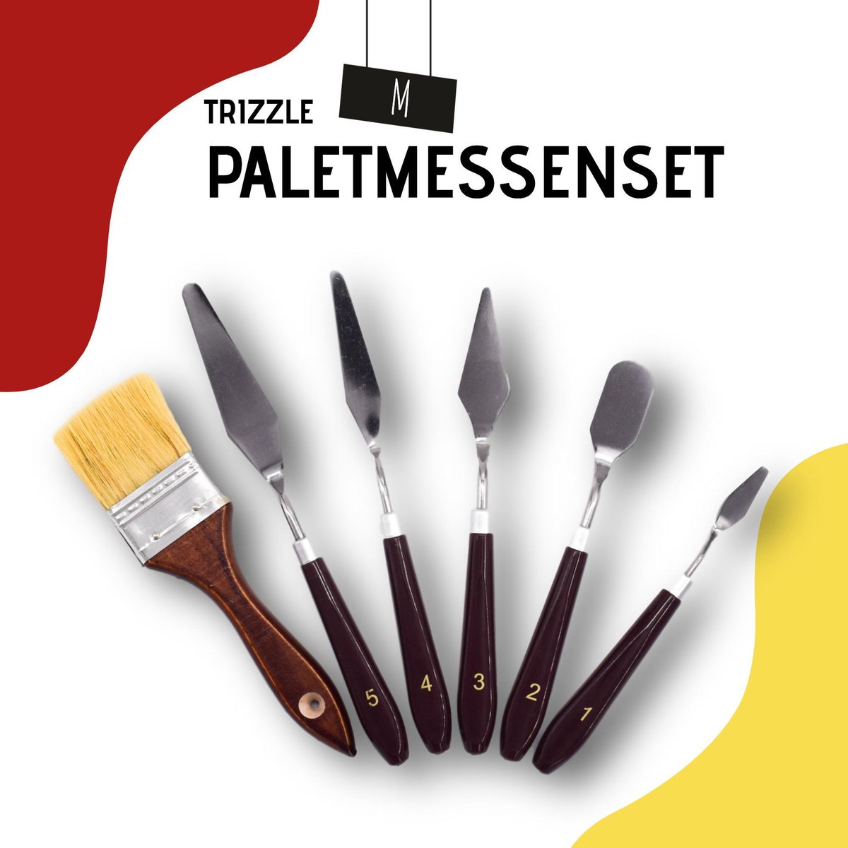 Trizzle M Paletmessen Set - Paletmes – Schilderen – Bob Ross – Platte Kwast - Spalter – Kwastenset – Verfkwast – Kwasten en Penselen – Schildersmes – Starter Pakket - Fan Brush - Acrylverf - Penselenset