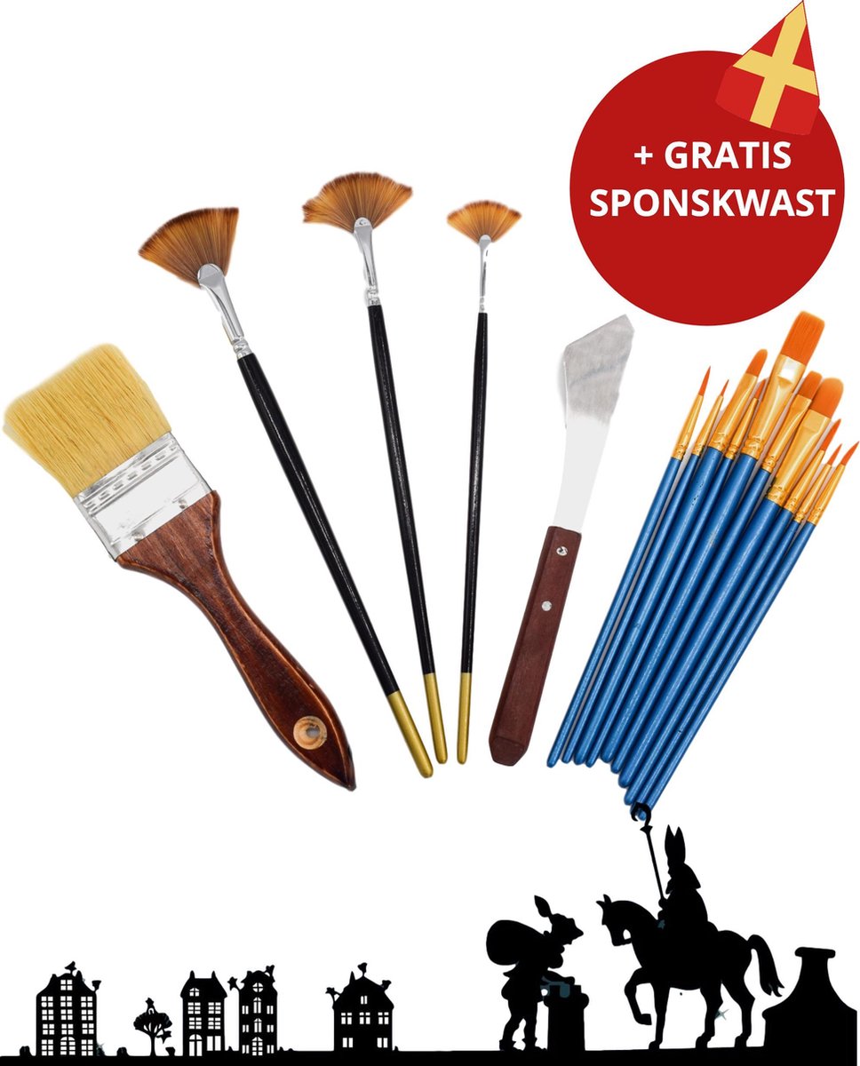 Trizzle XL-2 Penselenset met Schildersmes, Platte Kwast, Fan Brush en Acrylverf Penselen - Sinterklaas Cadeau