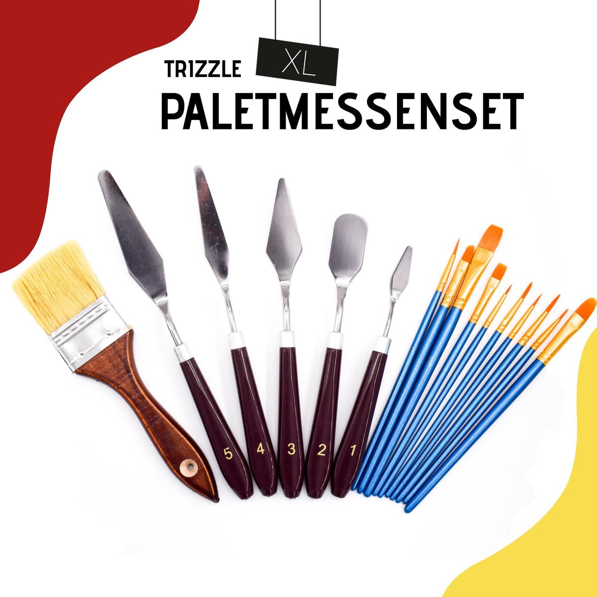 Trizzle XL Paletmessen Set - Paletmes – Spalter - Platte Kwast - Schilderen – Bob Ross – Penseel – Kwastenset – Verfkwast – Kwasten en Penselen – Schildersmes – Starter Pakket - Fan Brush - Acrylverf - Penselenset