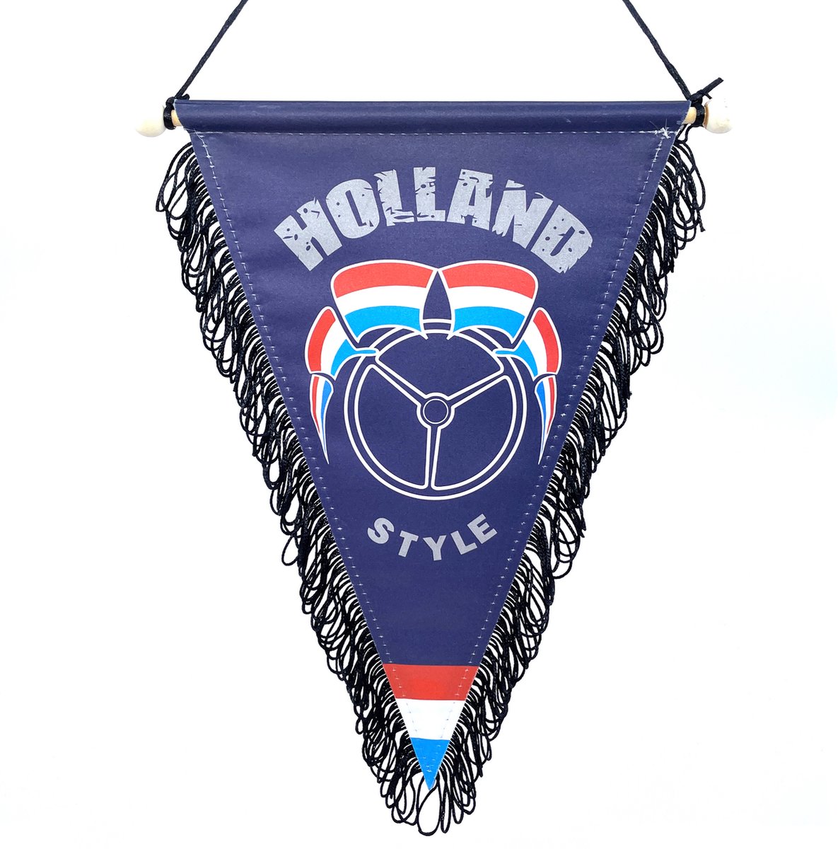 Luxe vaantje met koord - Holland Style - Blauw met logo - 19x23cm - Zwarte franjes