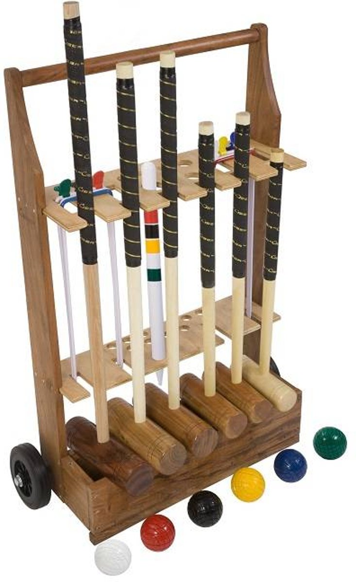 Familie-Croquet set, 6-persoons , unieke kwaliteit, sterke poorten en houten ballen-Trolley