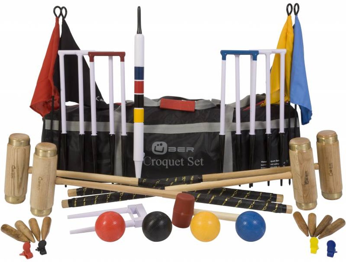 Ultieme Executive Croquet Set, koperen banden, kunststof ballen, 16 mm dikke stalen poorten-Croquet Draagtas