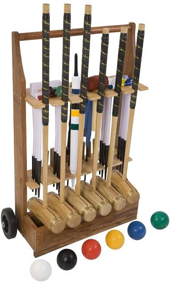 Ultieme Executive Croquet set, 6-persoons, ECO hardhout, kunststof ballen, 16mm dikke poorten-Trolley