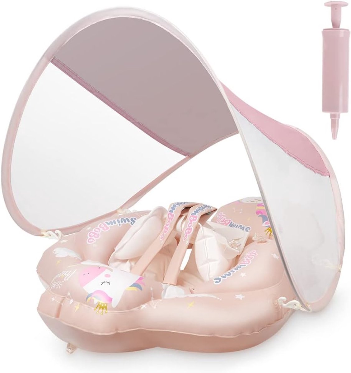 Opblaasbare zwemvlotter voor babys - Baby Zwemring met Verwijderbaar Zonnekapje - zwemband - zwemtrainer - voor leeftijd 3-12 maanden - babyfloat - S - roze