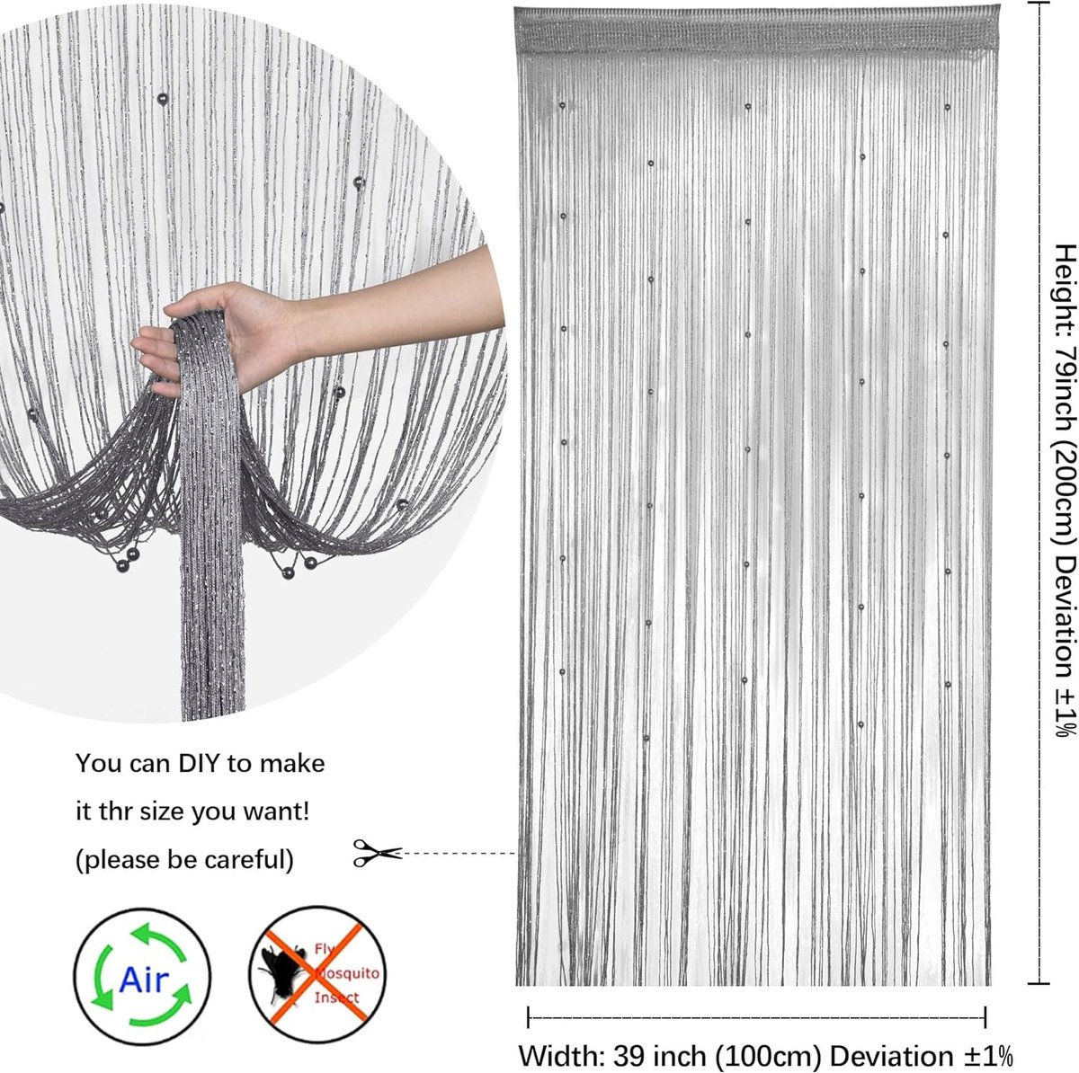 2 STKS Kralen Gordijnen Glitter Zilver String Gordijnen voor Deuropening 100x200cm Kamer Divider Kastgordijnen Venster Wandpanelen Hal Slaapkamer Privacy Decor voor Party Bruiloft Hippie Kamer