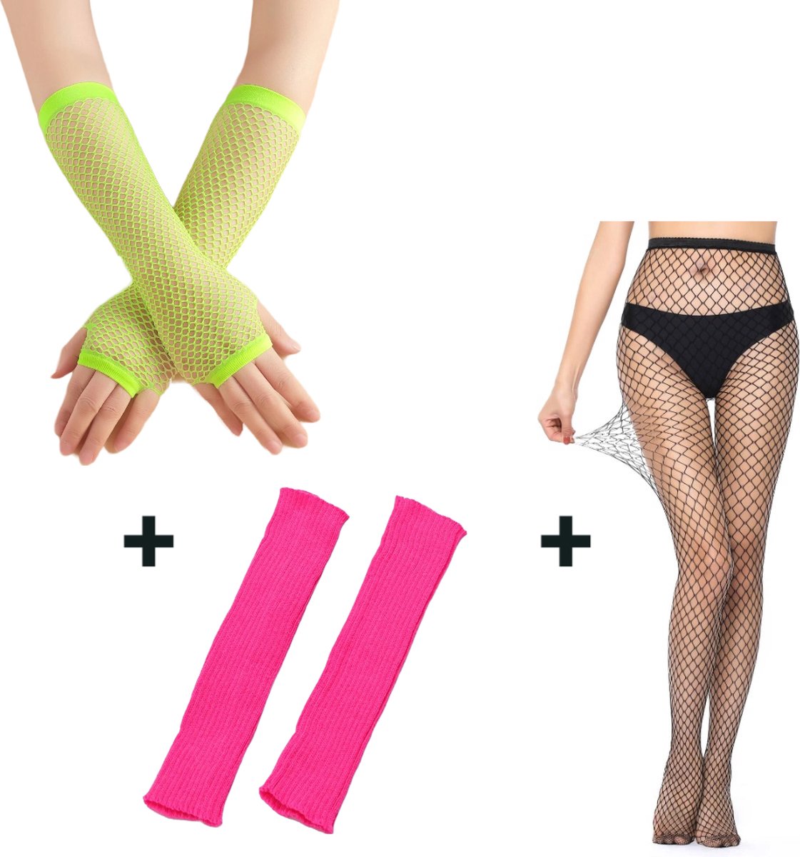 Fluo accessoire set 80 s verkleedkleding vrouwen dames – Carnaval – Foute party – Schaamteloos – Kamping Kitch – Disco (Beenwamers – vingerloze handschoenen – visnet panty)