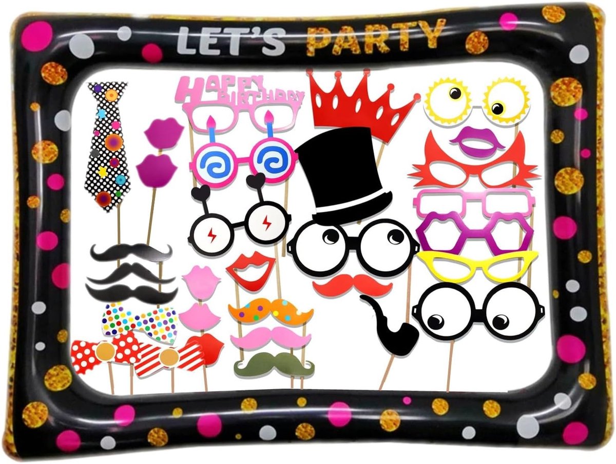 Photobooth Rekwisieten Set 32-delig – Incl. XXL Opblaasbare Fotolijst – Foto Props voor Verjaardag, Bruiloft, Babyshower & Feest