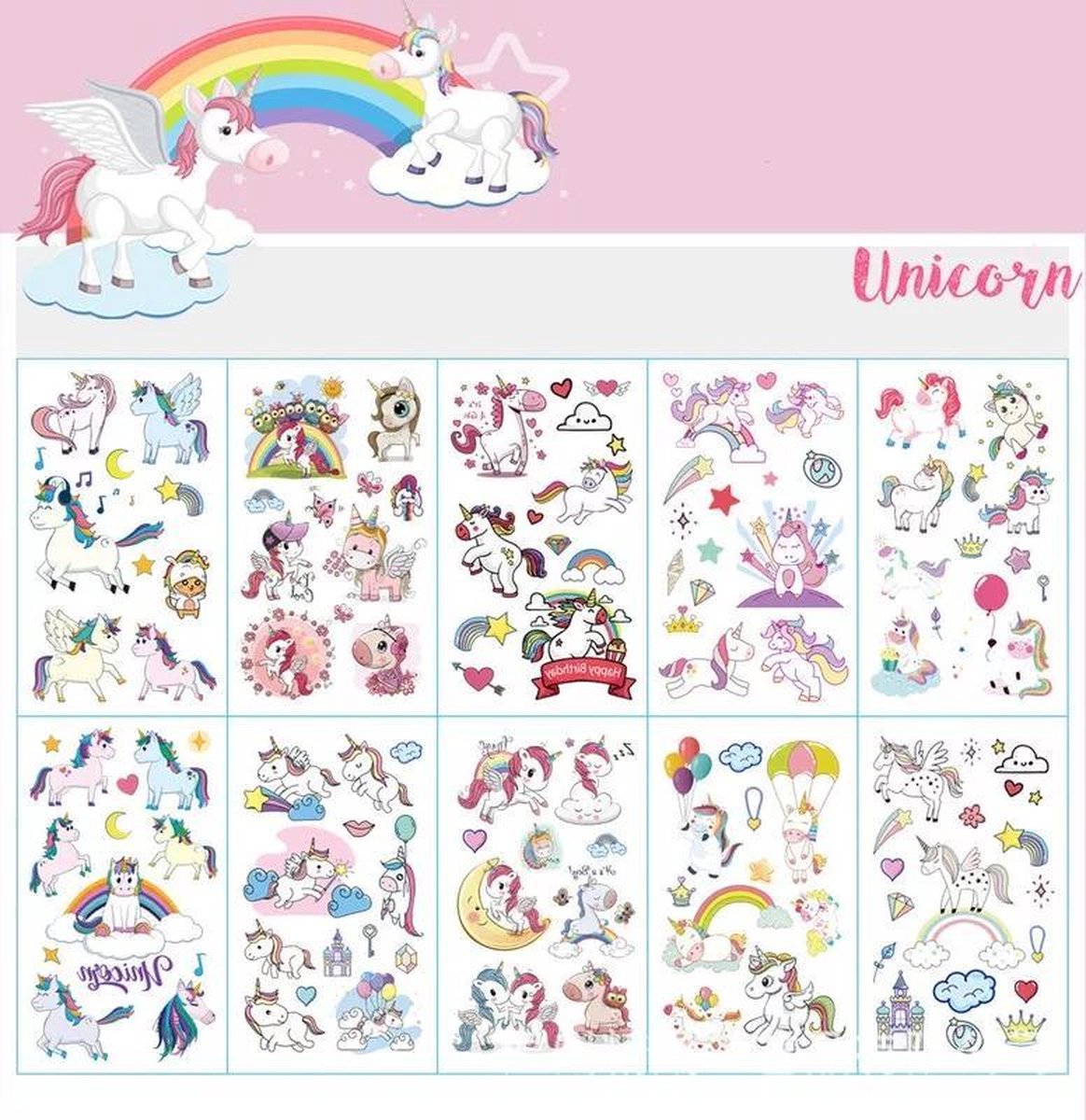 Eenhoorn Tijdelijke Tattoo Stickers - 10 Velletjes - Tijdelijke Tattoo - Plakplaatjes - Kinderen - Dieren -  Neptattoo - Eenhoorn - Unicorn - Schattig - Stoer