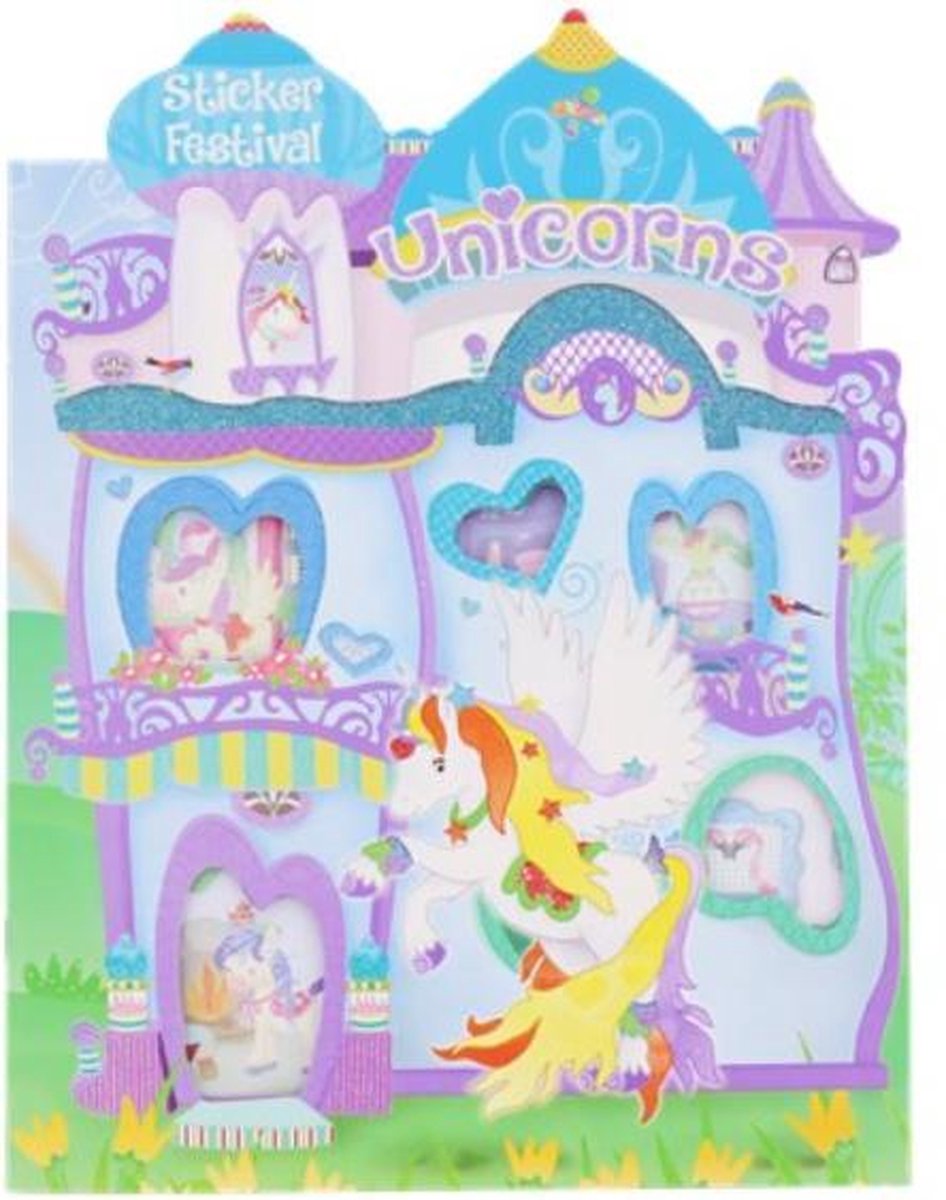 Glitter-kleurboek  Unicorns - Sticker-activiteitenboek - Stickerboek - Unicorn paars - groen - blauw - Unicorn - Kleurrijke opdrachten - 12 paginas - incl. 6 stickervellen