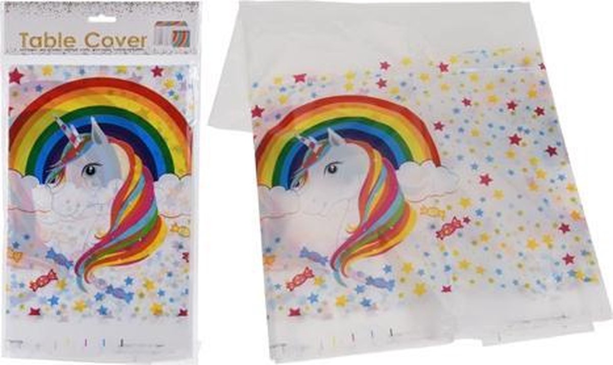 Tafelkleed Plastic unicorn XL 132 x 220 cm / Let op dit is dun plastic geen tafelzeil