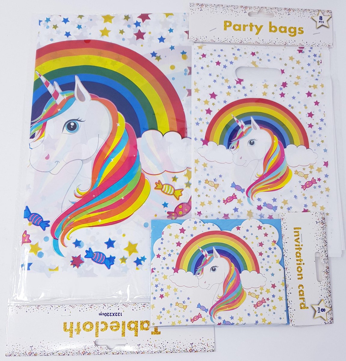 UNICORN TAFELKLEED - 8 UITNODIGINGSKAARTJES - 8 UITDEELZAKJES - KINDERFEESTJE - 3 DELIG