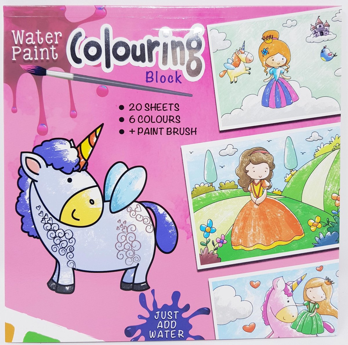 UNICORN WATER KLEURBOEK - 20 KLEURPLATEN MET 6 KLEUREN EN EEN PENSEEL