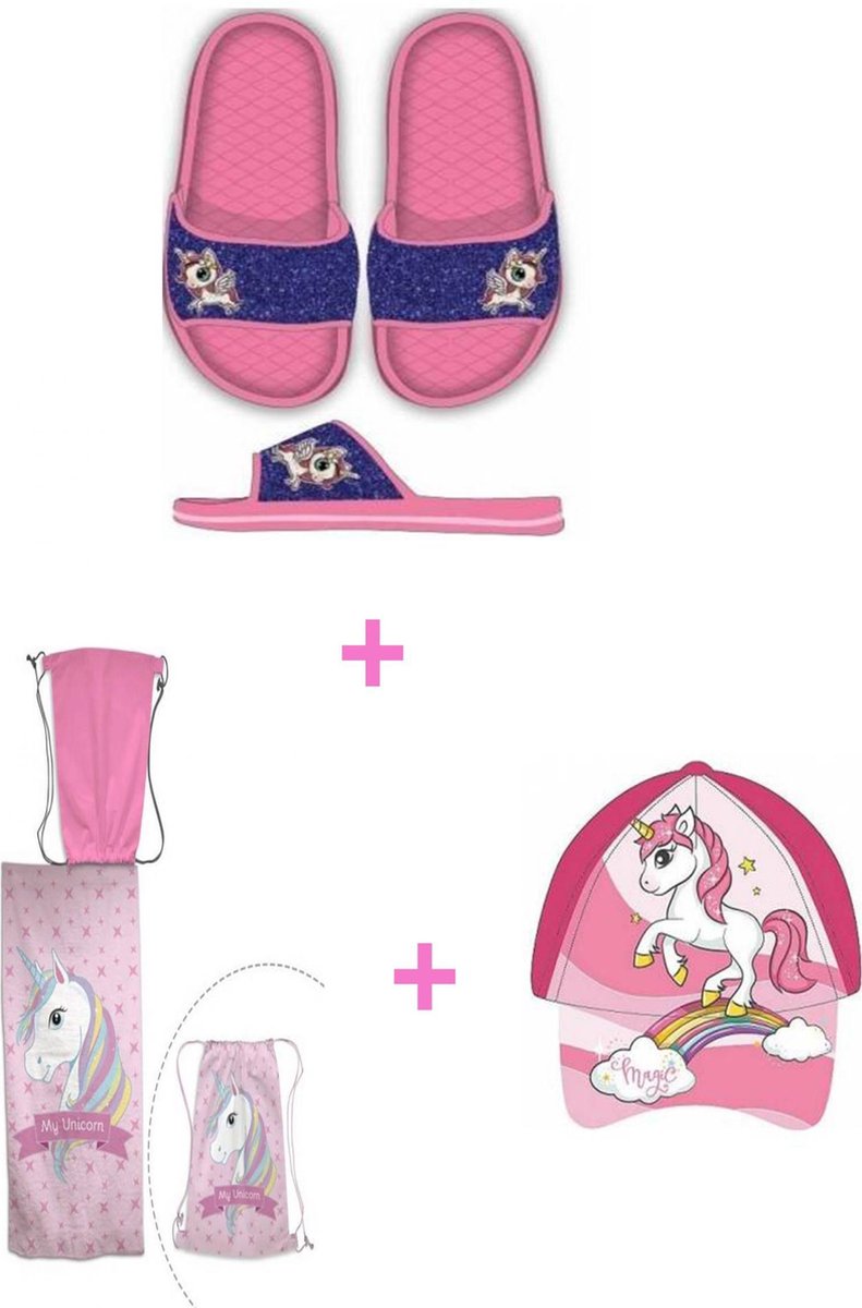 Unicorn 3-pak cadeau voor meisjes-strandlaken met zwemzak+pet/cap+badslippers-blauw,maat 24