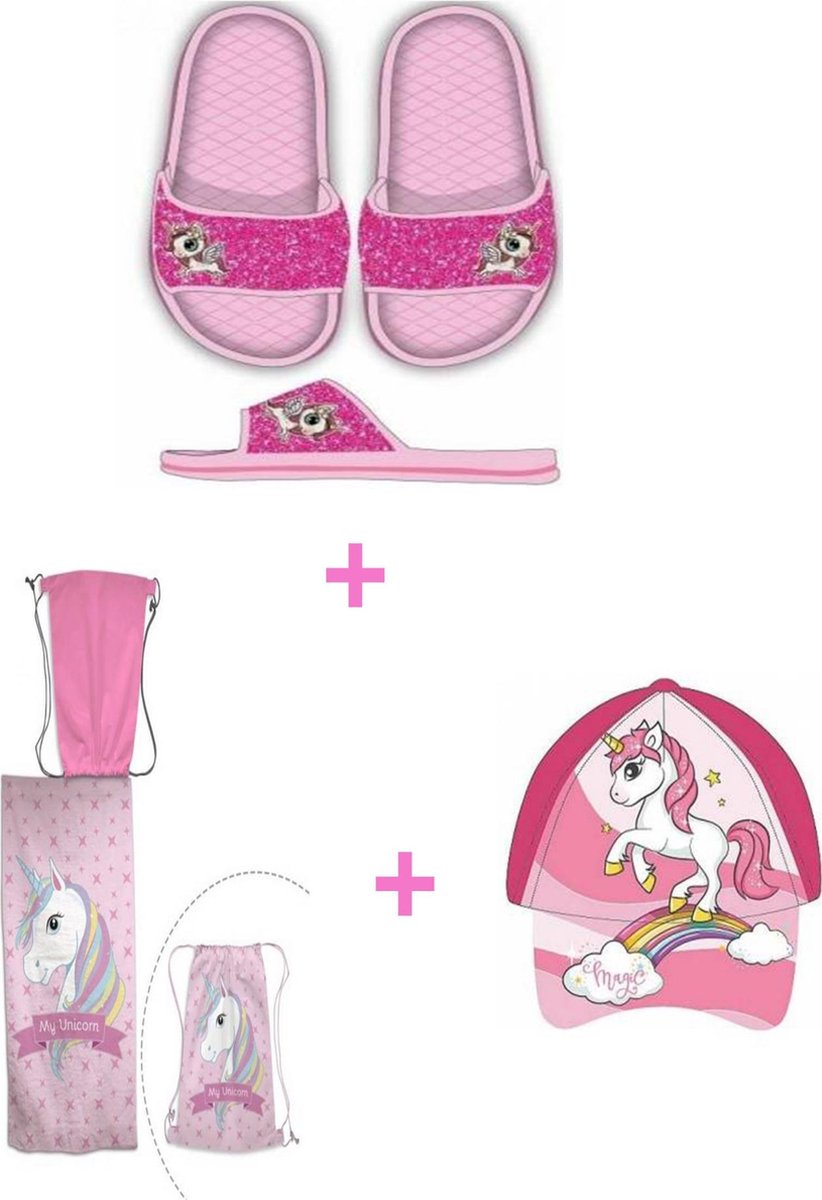 Unicorn 3-pak cadeau voor meisjes-strandlaken met zwemzak+pet/cap+badslippers-roze,maat 24